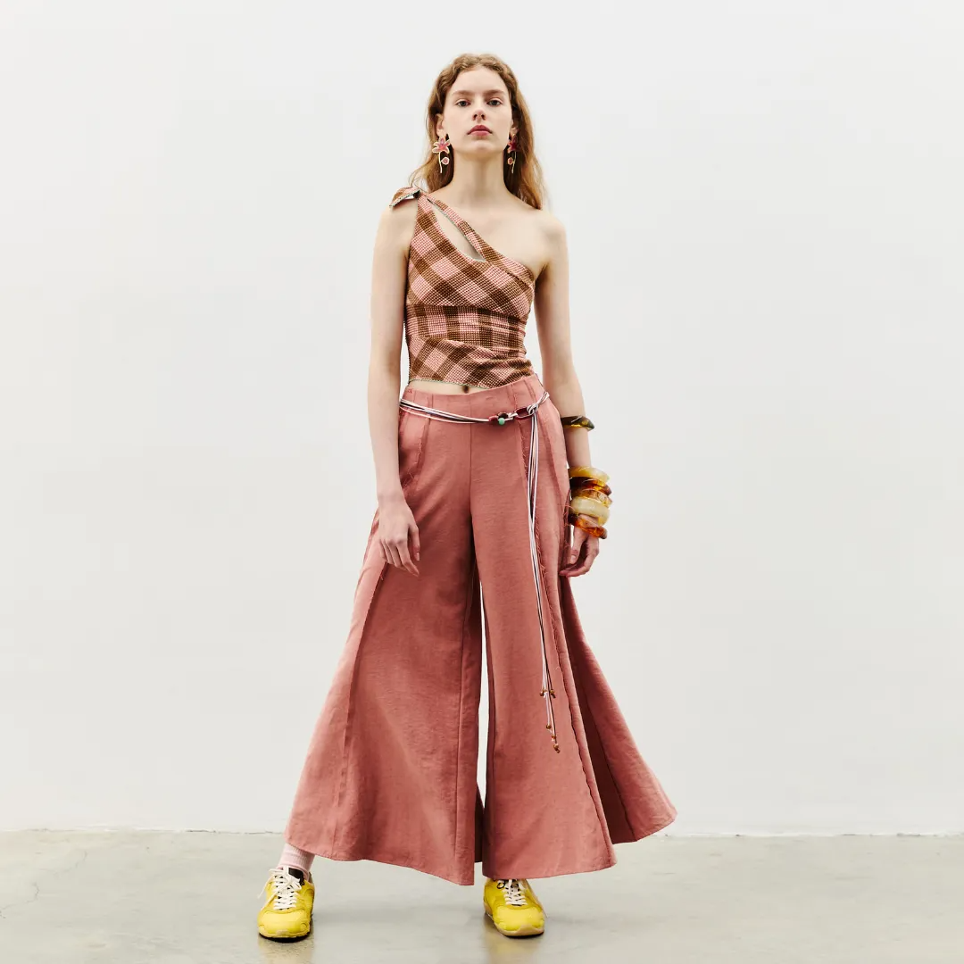 aprilpoolday比基尼泳衣斜肩不對稱坦克比基尼-粉紅色巧克力色立體花紋布料12