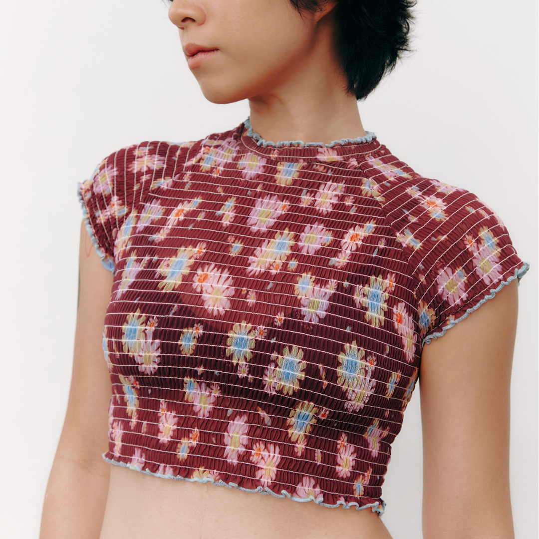 aprilpoolday酒紅色雛菊皺摺透膚上衣3