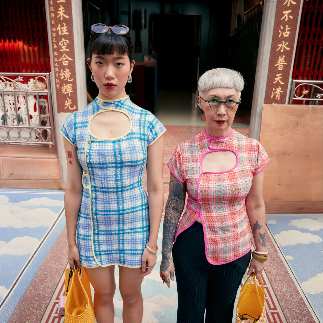 aprilpoolday藍格旗袍粉紅格旗袍