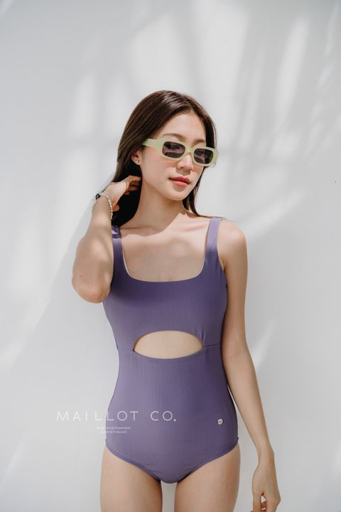 Emily 桔梗紫挖洞羅紋布連身泳衣8