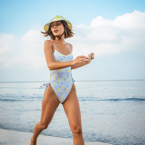 KATA 紫黃花花高衩抽繩連身泳衣2