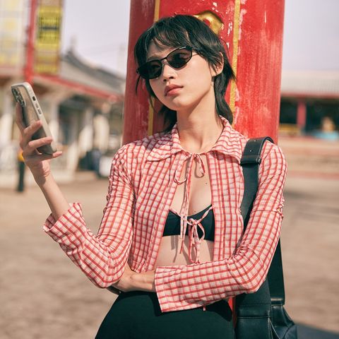 阿梅紅格透膚外罩上衣:外套｜海邊配件｜日常外搭｜Aprilpoolday 專屬印製布料