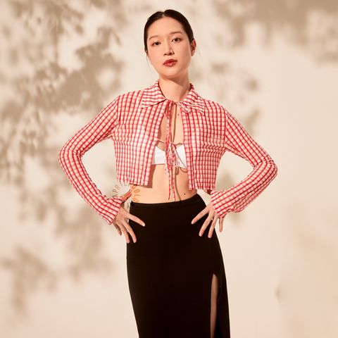 阿梅紅格透膚外罩上衣:外套｜海邊配件｜日常外搭｜Aprilpoolday 專屬印製布料2