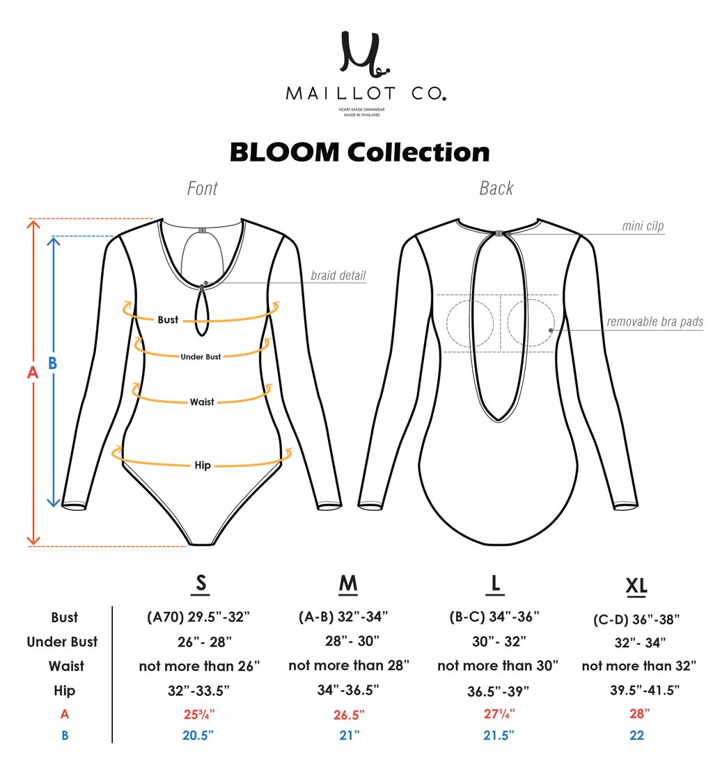 Bloom 美背長袖防曬連身泳衣尺寸表