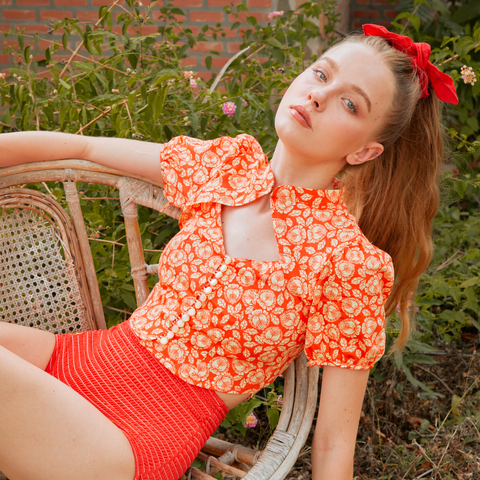 大橘大利泡泡袖旗袍上衣｜泰式中國風｜Aprilpoolday泳衣品牌3