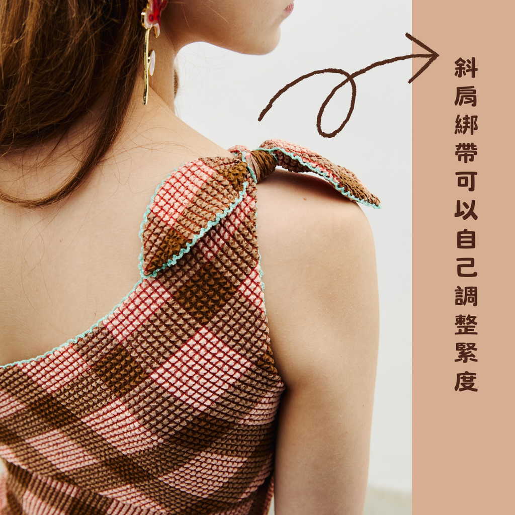 aprilpoolday比基尼泳衣斜肩不對稱坦克比基尼-粉紅色巧克力色立體花紋布料8