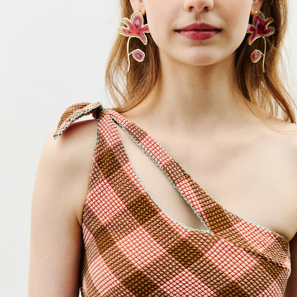 aprilpoolday比基尼泳衣斜肩不對稱坦克比基尼-粉紅色巧克力色立體花紋布料3