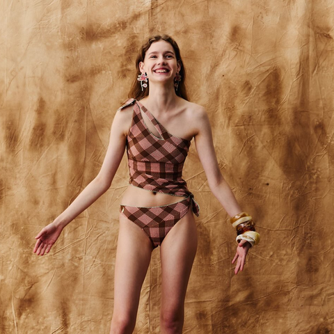 aprilpoolday比基尼泳衣斜肩不對稱坦克比基尼-粉紅色巧克力色立體花紋布料