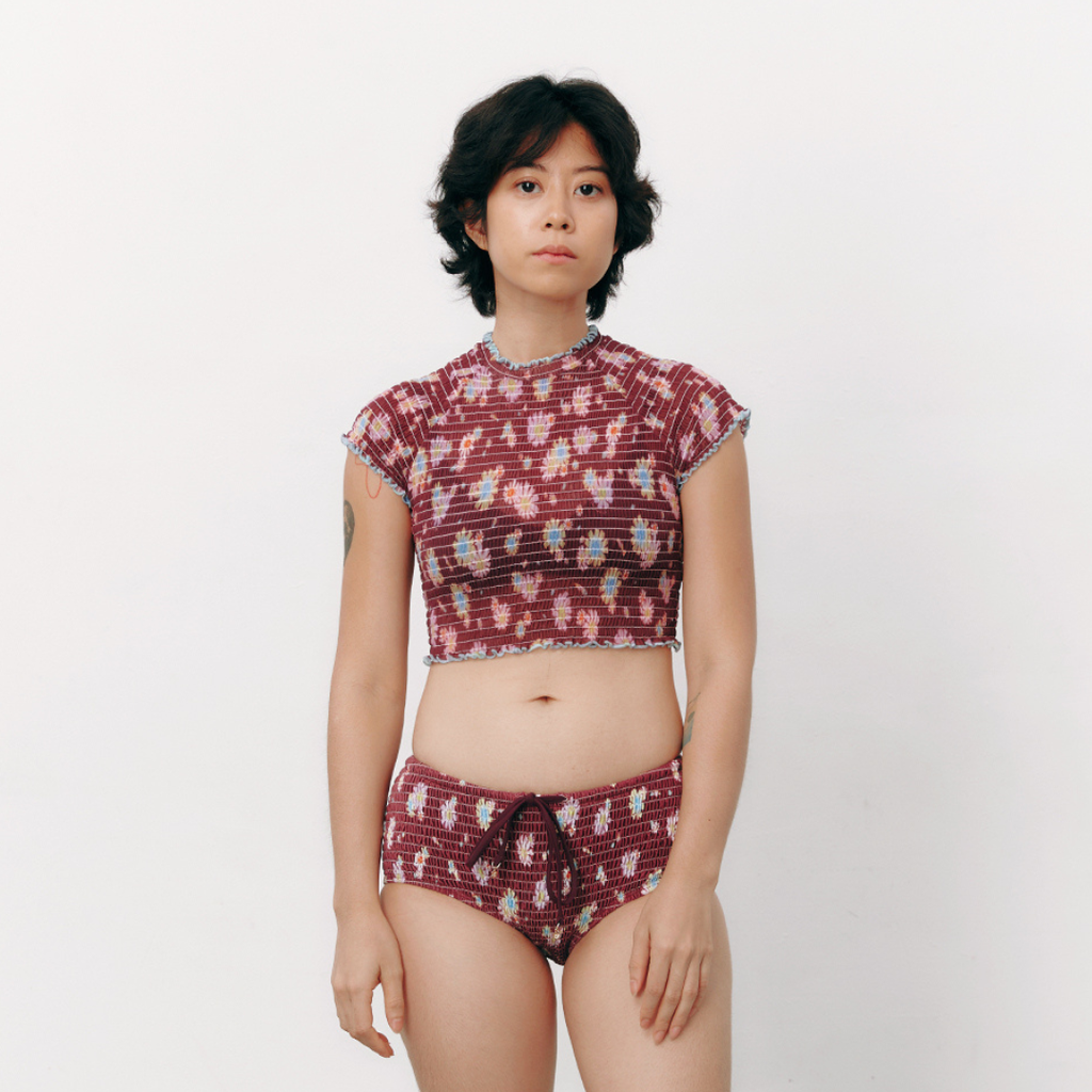 aprilpoolday酒紅色雛菊皺摺透膚上衣8