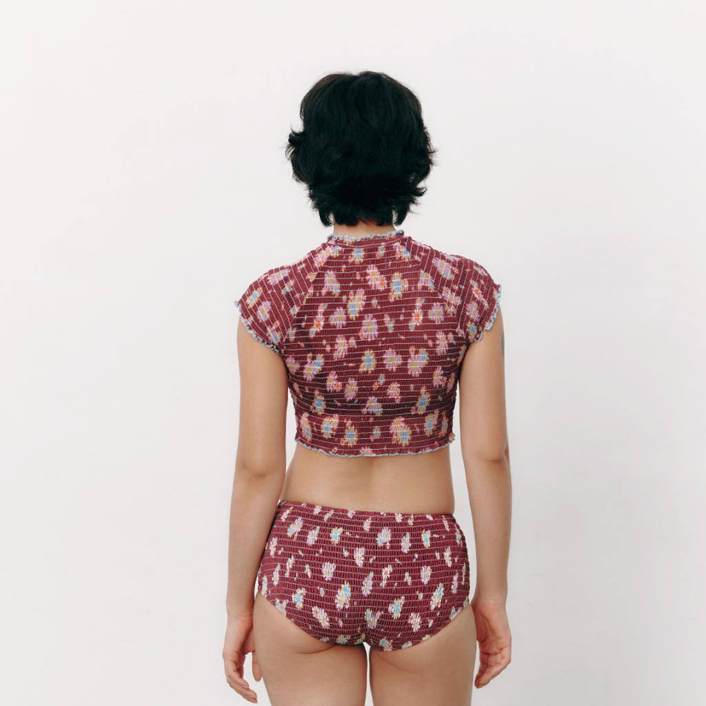 aprilpoolday酒紅色雛菊皺摺透膚上衣7