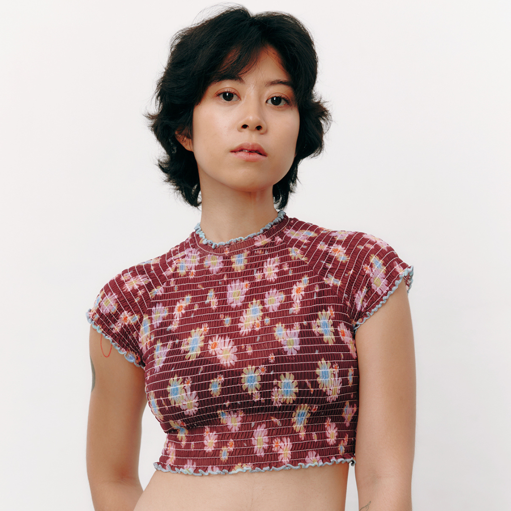 aprilpoolday酒紅色雛菊皺摺透膚上衣6