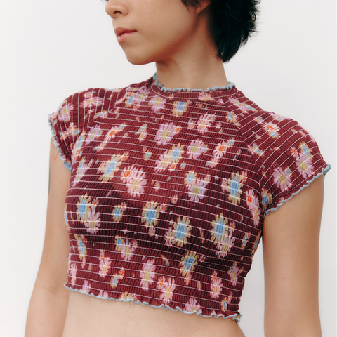 aprilpoolday酒紅色雛菊皺摺透膚上衣3