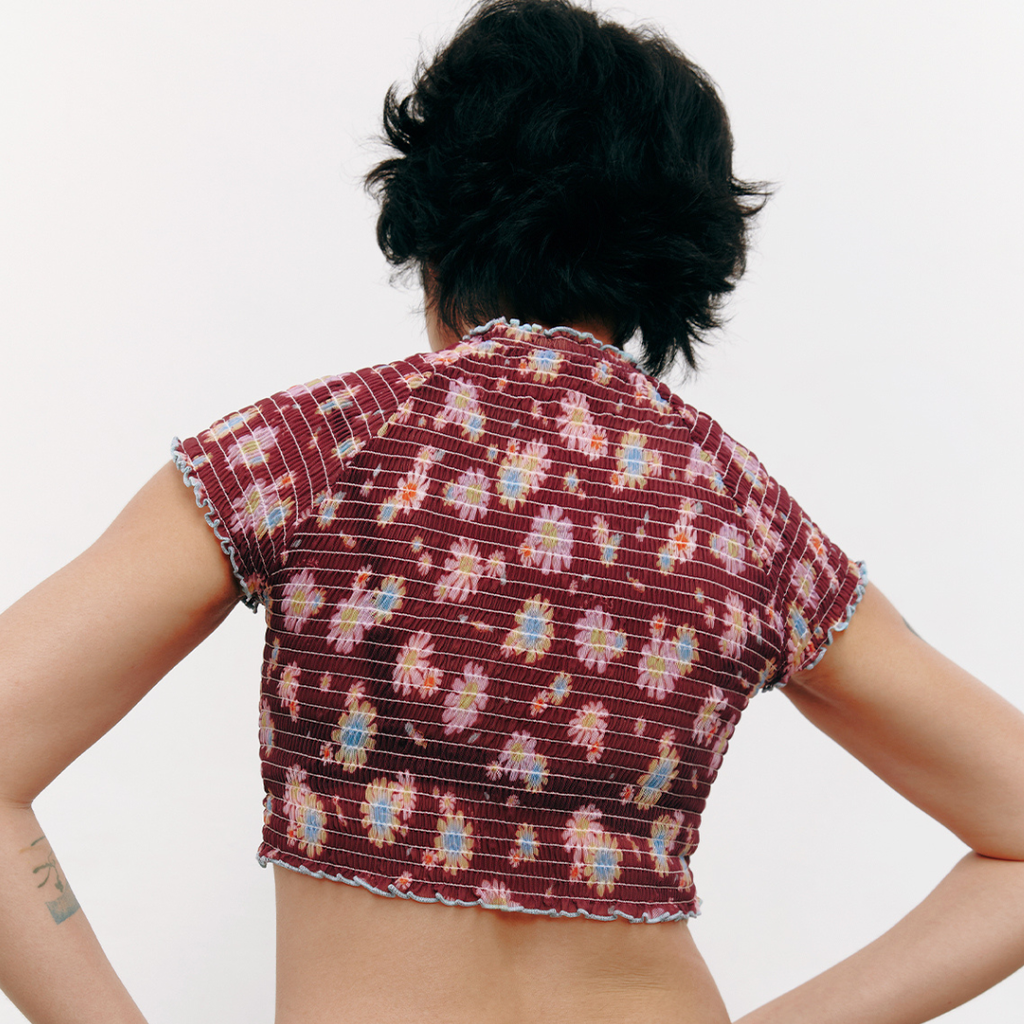 aprilpoolday酒紅色雛菊皺摺透膚上衣5