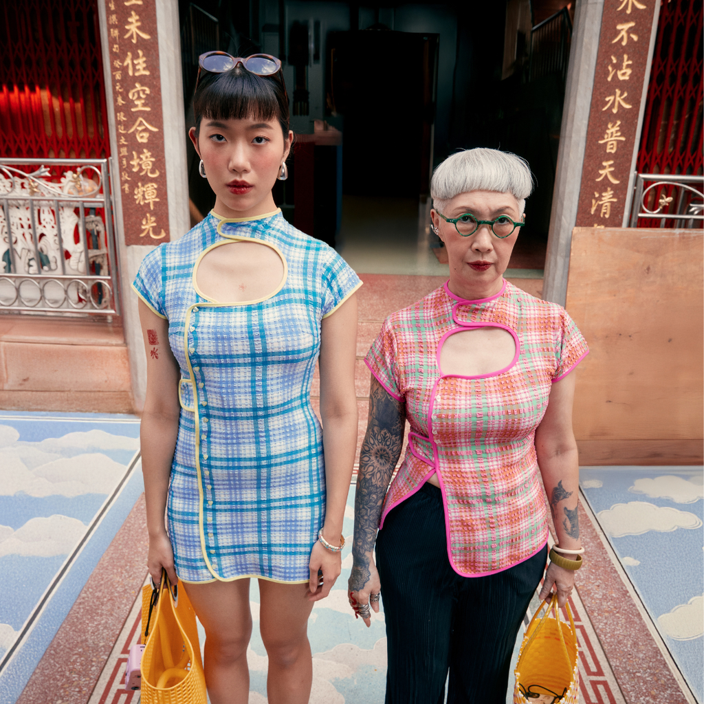 aprilpoolday藍格旗袍粉紅格旗袍