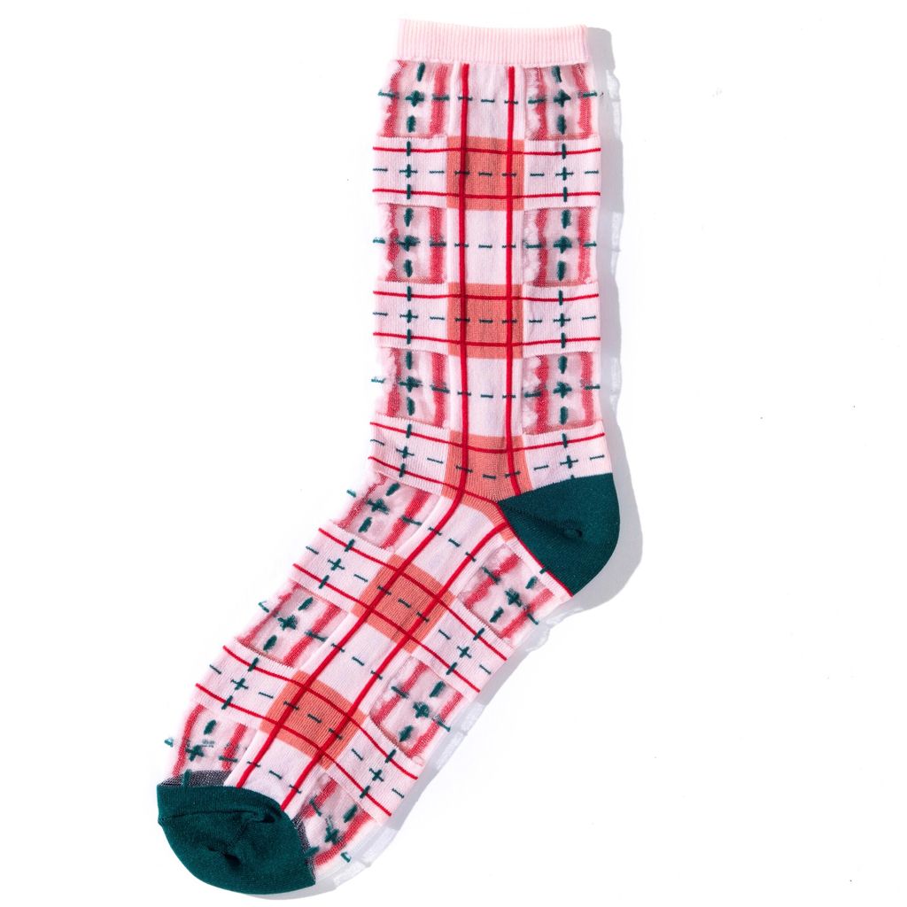 3265_幾何系列_灰玫粉_經典格紋透紗中筒襪