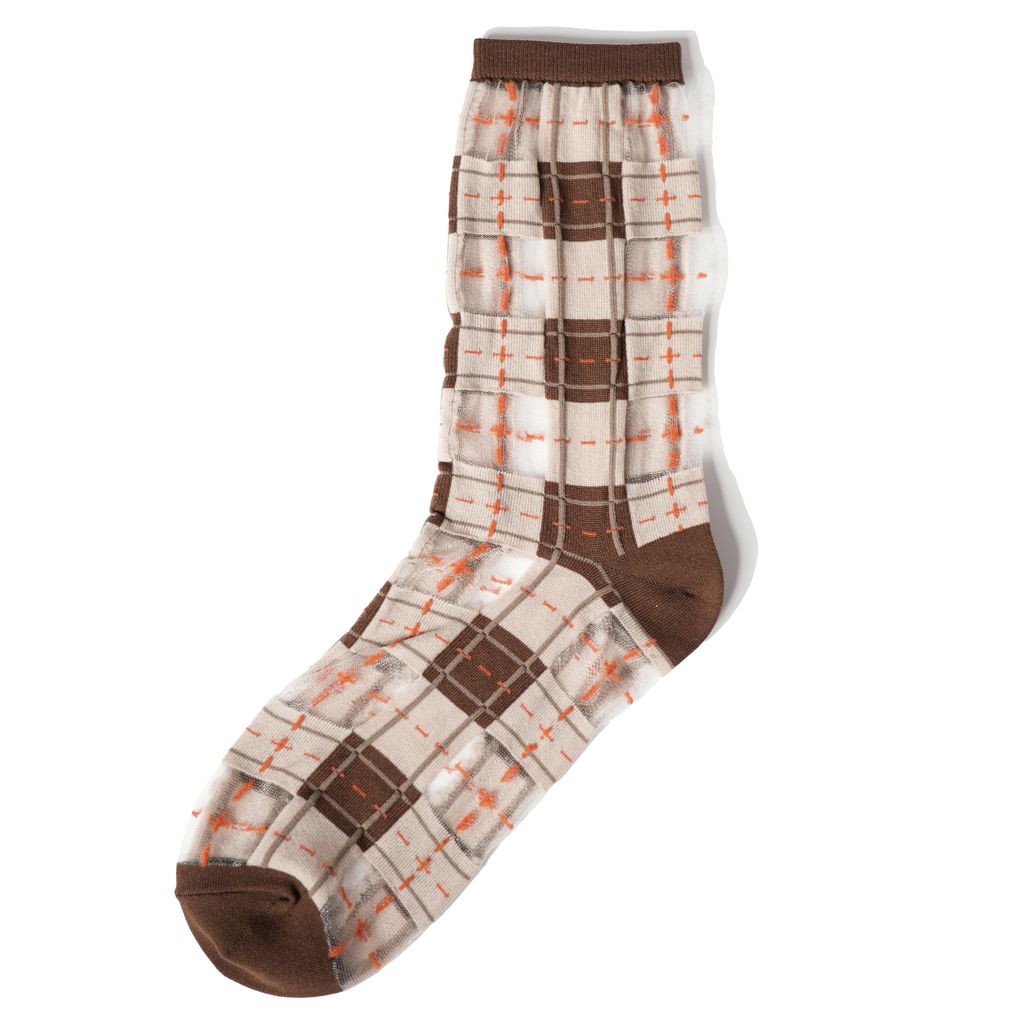 3746_幾何系列_巧克力棕_經典格紋透紗中筒襪