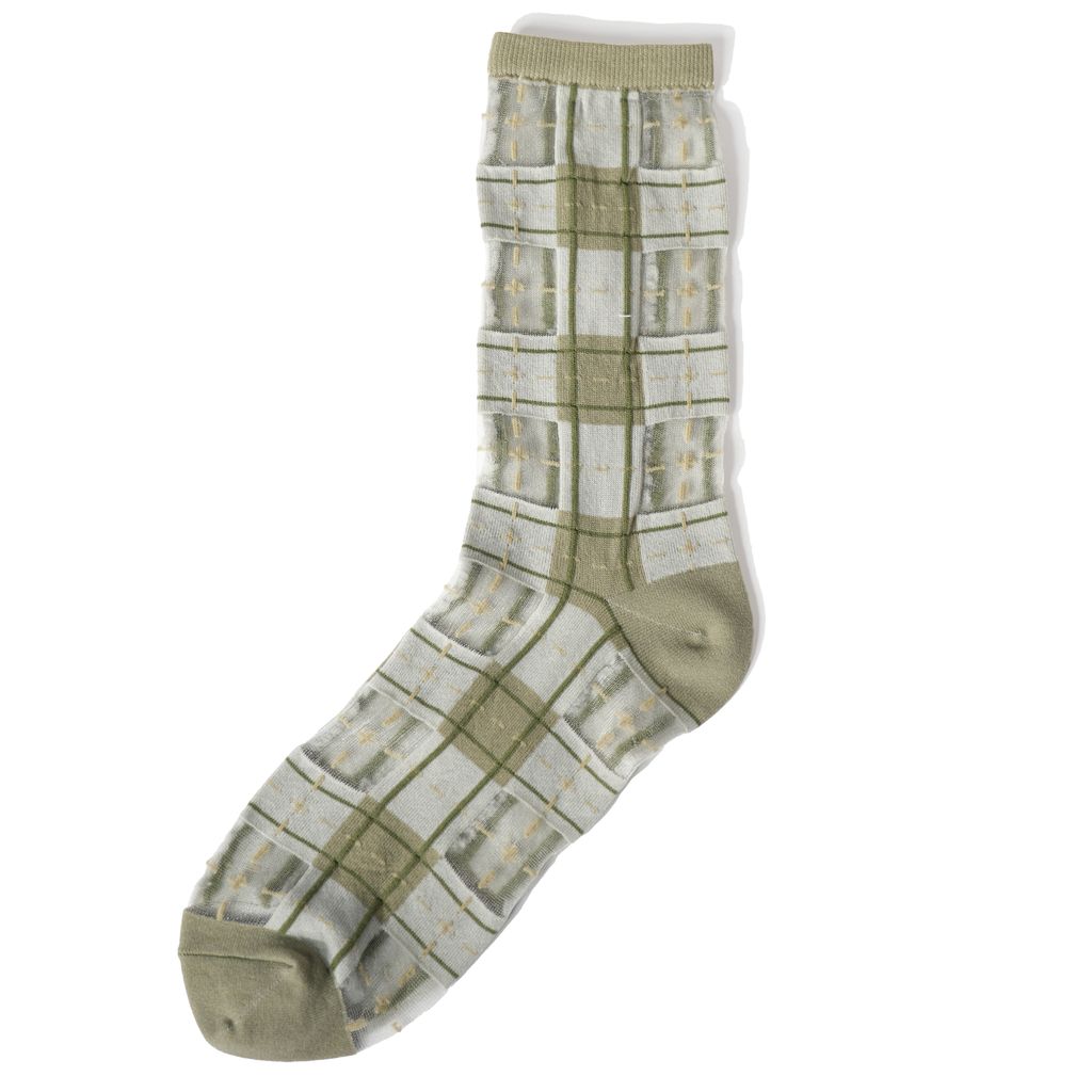 3678_幾何系列_鼠尾草綠_經典格紋透紗中筒襪