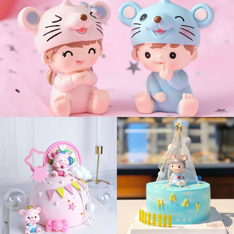 Baby Mouse Boy Baby Mouse Girl Cake Topper, figurine 鼠宝宝蛋糕装饰，奶瓶鼠蛋糕摆件