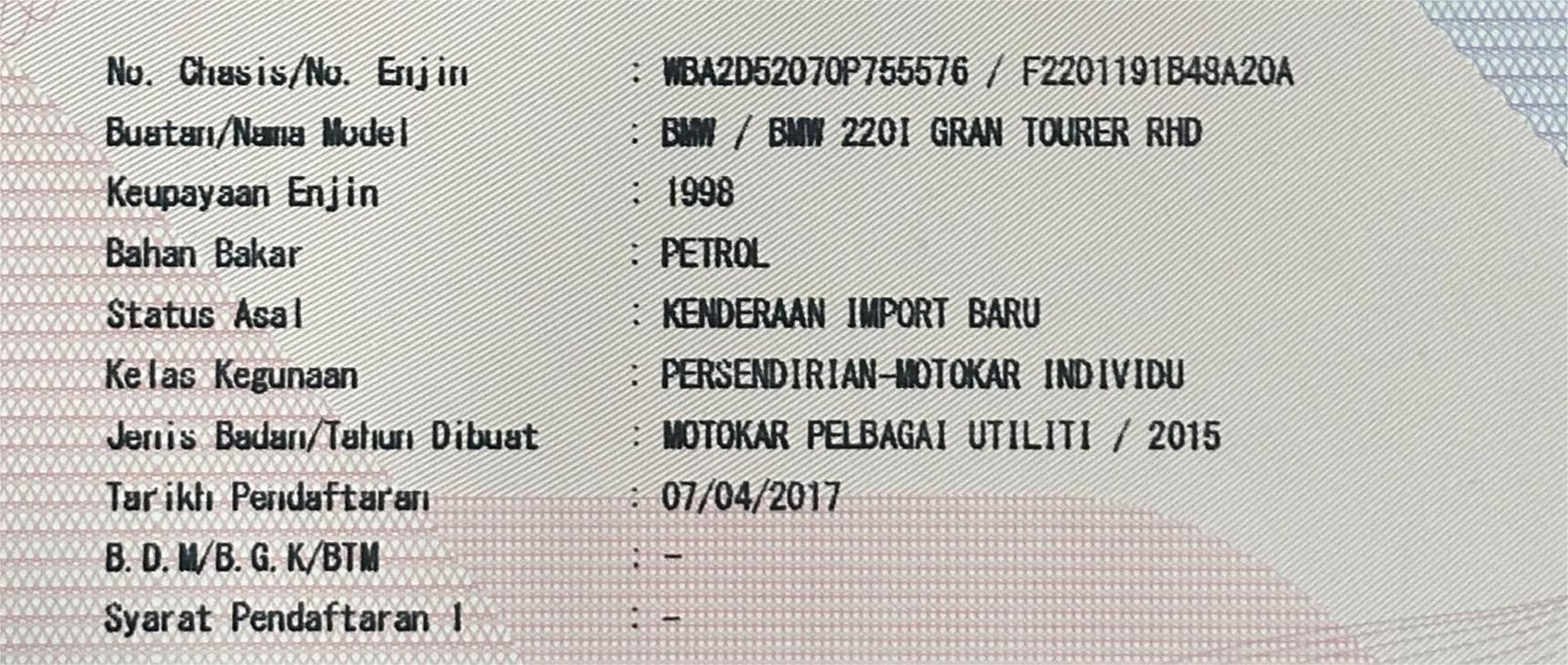 RC-VY9816-BMW 220I 2.0 GRANDTOURER-YOM 2015 (REG YEAR 2017)