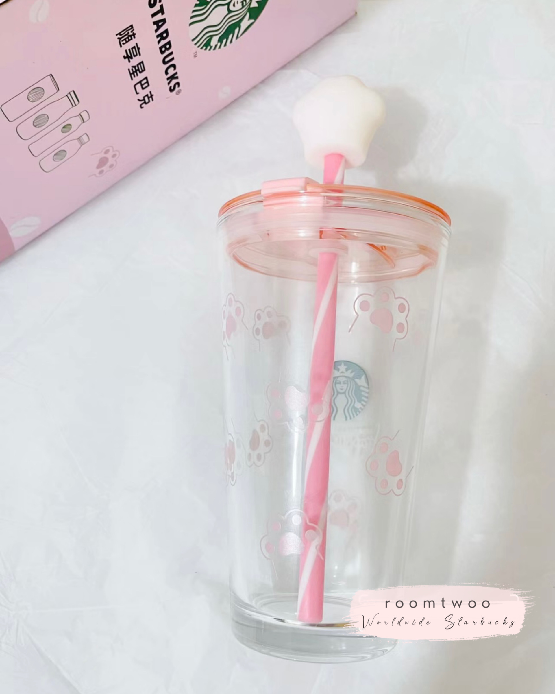 Starbucks China Enjoy Frappuccino Glass pink Straw Cup with cat's claw