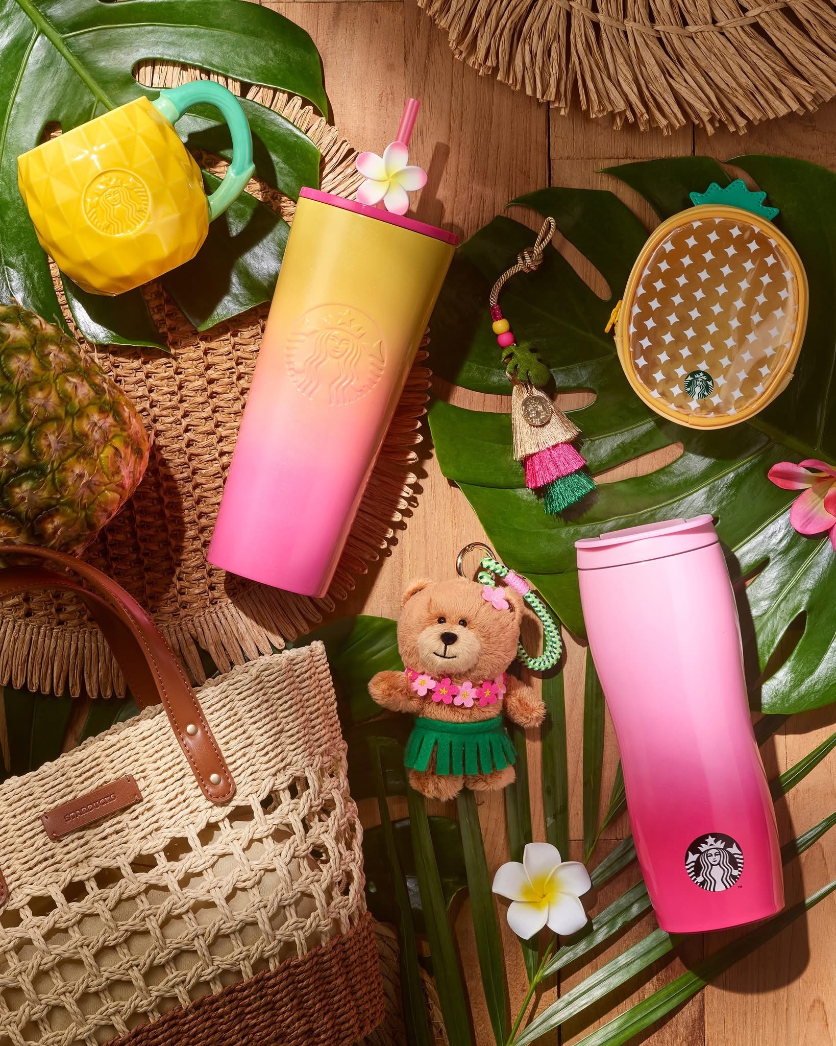 韓国スタバ★[25夏2] Aloha Raffia Totebag Pink+Charm SET 韓国スタバ☆[25夏2] Aloha Raffia Totebag Pink (Starbucks
