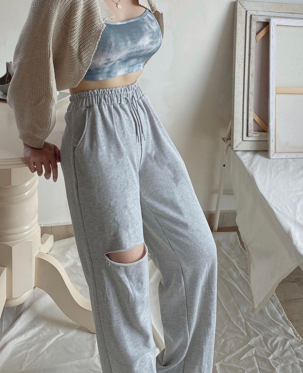 Grey Cutout Joggers & singlet & outer