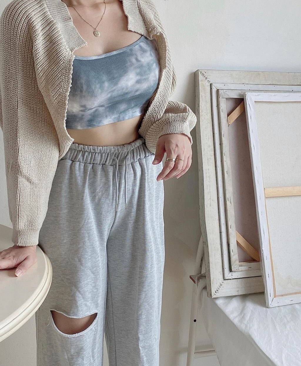Grey Cutout Joggers & singlet & outer