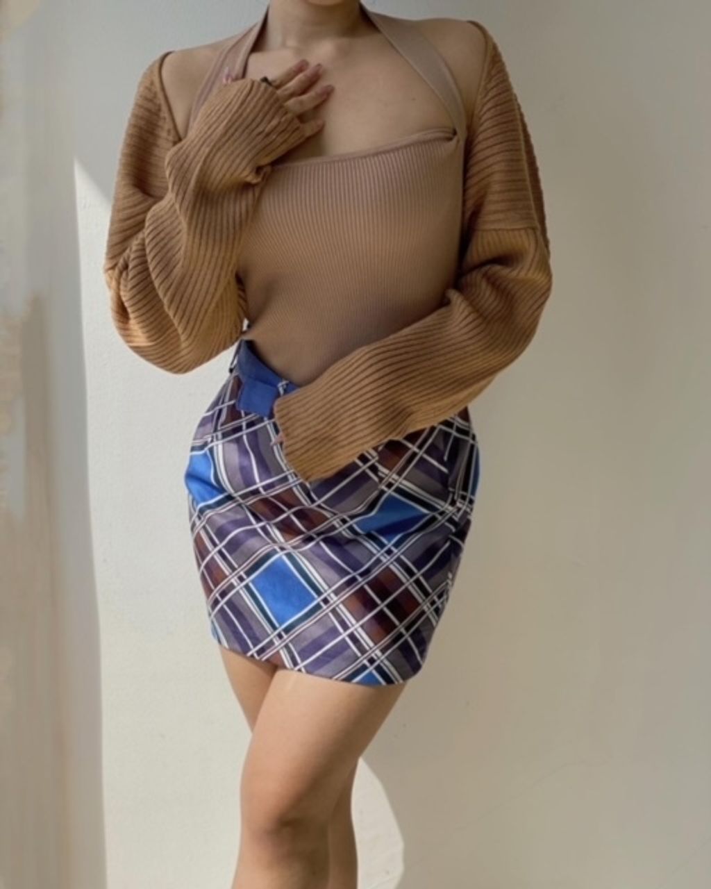 Angular Knit Top Brown with Brown knitted outer and Blue skirt