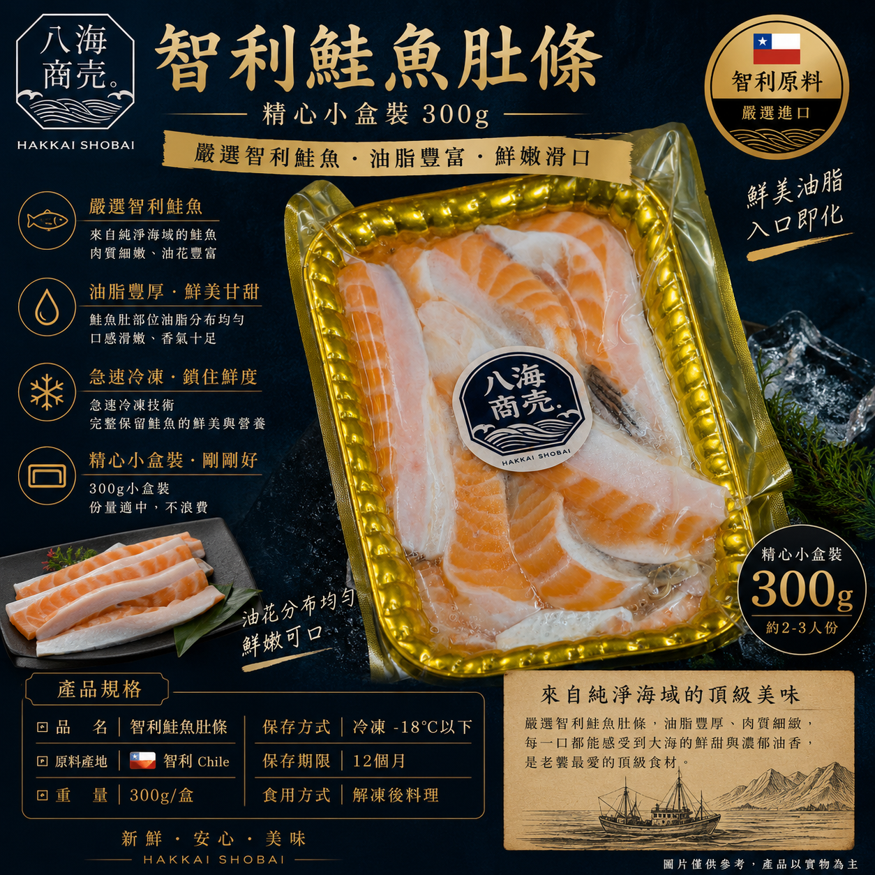 智利鮭魚肚條包裝300g加警語