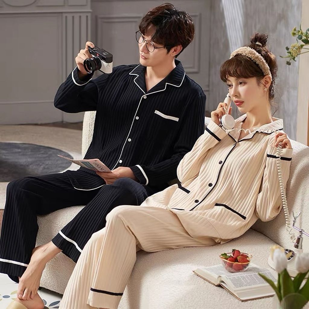 Korean Cotton Sleepwear Couple Long Sleeve Comfy Simple Warm Two Piece ...
