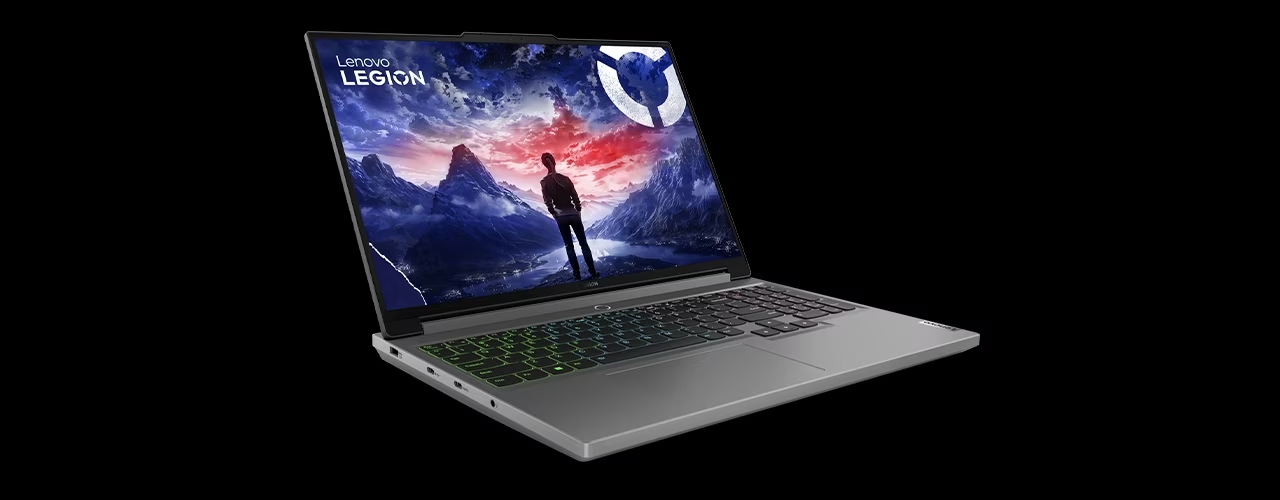 Legion 5i laptop facing right with display on and RGB keyboard