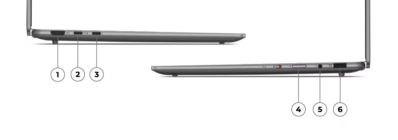 Left and right side profile view of Luna Grey Yoga Slim 7i Gen 9 laptop annotated ports and slots