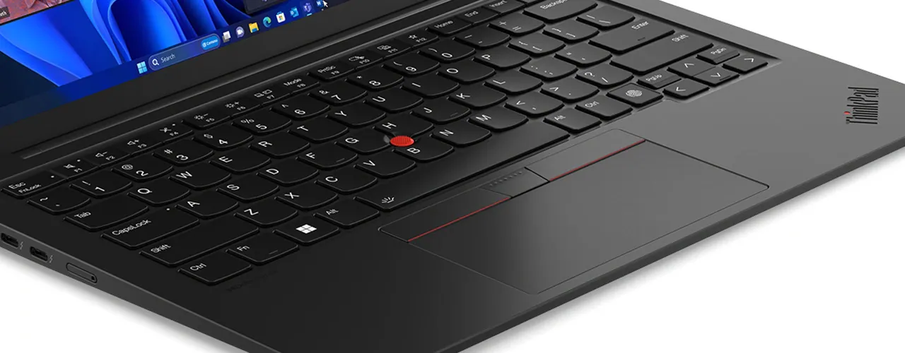 Detail of keyboard with TrackPad & TrackPoint on the Lenovo ThinkPad X1 Carbon Gen 12 laptop.