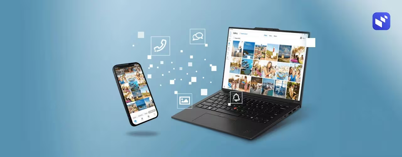 Floating smartphone next to Lenovo ThinkPad X1 Carbon Gen 12 laptop open 90 degrees, with background icons for phone, messages, notifications.