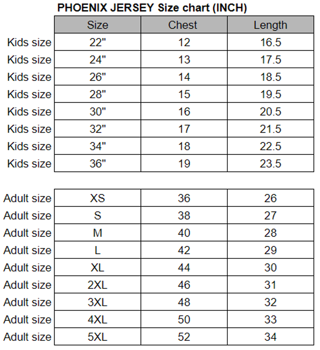 phoenix jersey size chart