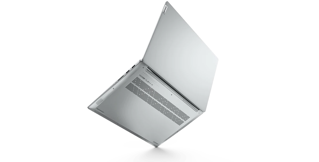 IdeaPad 5 Pro Gen 6 (16” AMD) Cloud Grey bottom view, tilted, with lid open wide