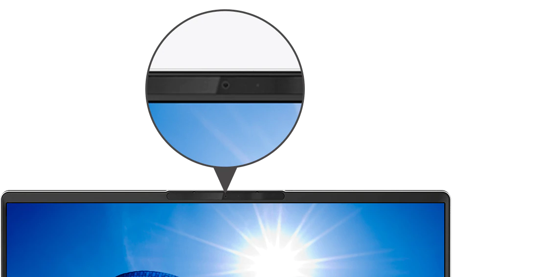 IdeaPad 5 Pro Gen 6 (16” AMD) Cloud Grey close-up of top of display, with callout bubble showing webcam