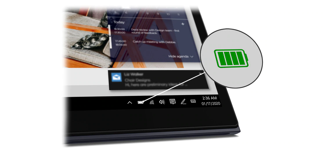 A close-up of the icons at the foot of the Yoga Duet 7i, with the battery icon magnified