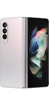 Galaxy Z Fold3 5G in Phantom Silver, seen from the rear.