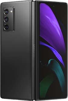 Galaxy Z Fold2 in Mystic Black, seen from the rear slightly unfolded with the butterfly wallpaper on the Cover Screen.