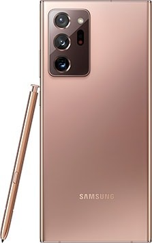 Galaxy Note20 Ultra 5G in Mystic Bronze seen from the rear. The matching S Pen is leaning against the side.