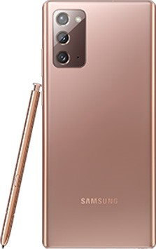 Galaxy Note20 5G in Mystic Bronze seen from the rear. The matching S Pen is leaning against the side.