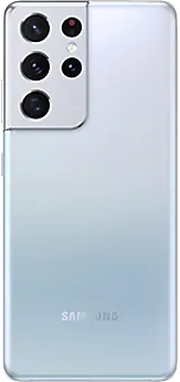 Galaxy S21 Ultra 5G in Phantom Silver, seen from the rear.
