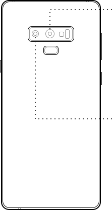 Illustration of Galaxy Note9 seen from the rear, showing the dual lens camera and fingerprint scanner