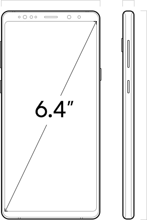Illustration of Galaxy Note9 seen from the front and the right, showing the 6.4-inch Infinity Display measurement