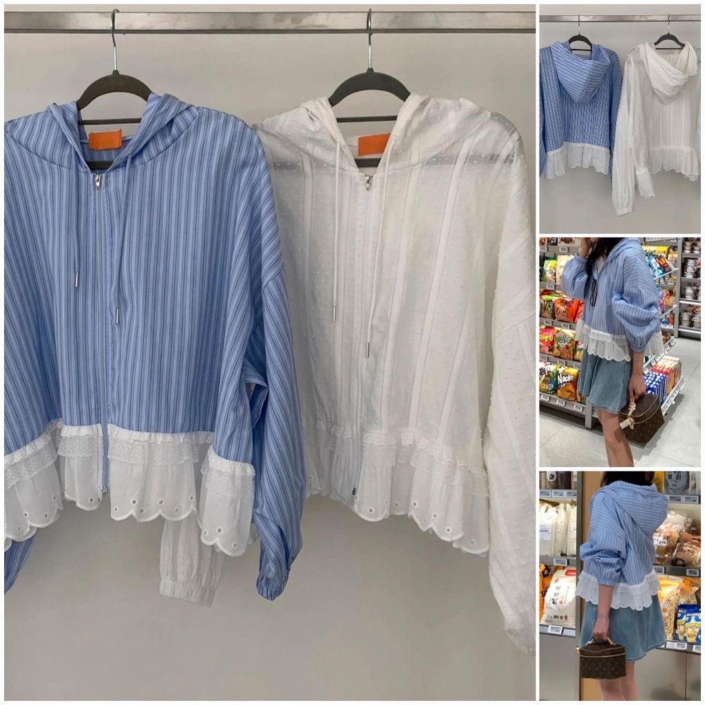 正韓蕾絲滾邊下擺連帽襯衫｜$980 (7)