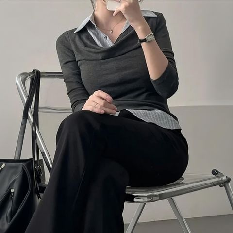 正韓多層假兩件垂墜領上衣｜$795 (1)