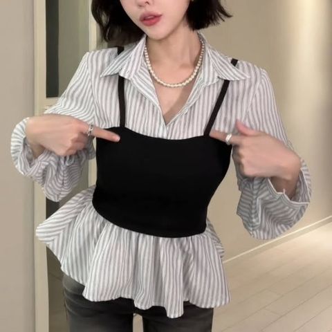 正韓吊帶條紋襯衫假兩件上衣 $590 (2)