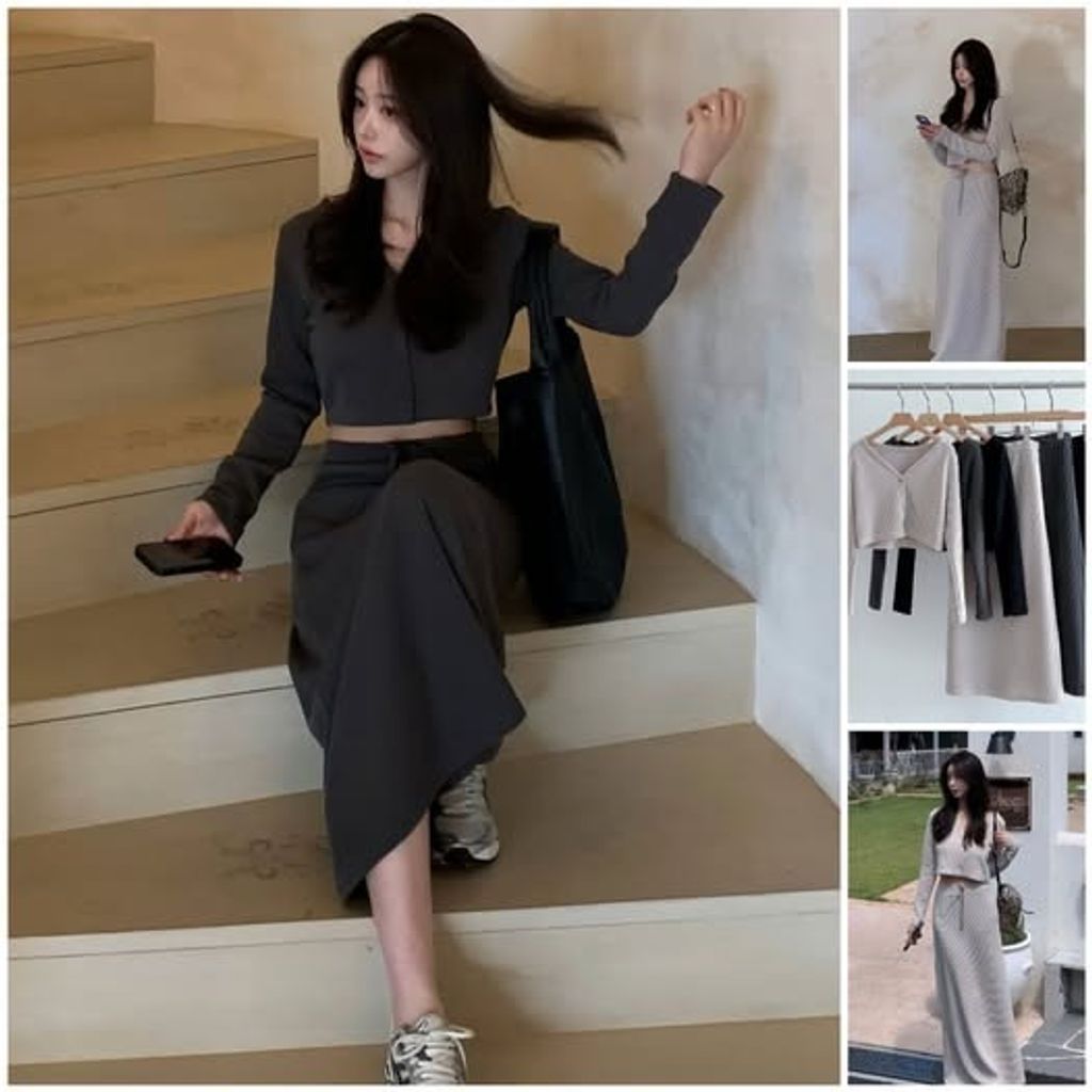 正韓短版排扣罩衫上衣&長裙套裝 _ $1280