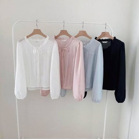 正韓荷葉滾邊領打褶襯衫上衣-148 (2)